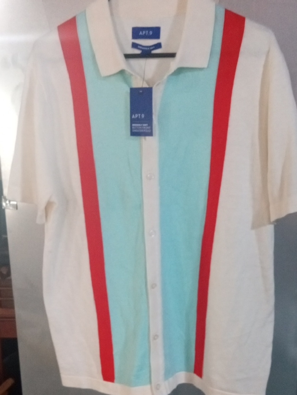 Apt. 9 Cream Button-Front Polo with Mint Panel and Red Stripes